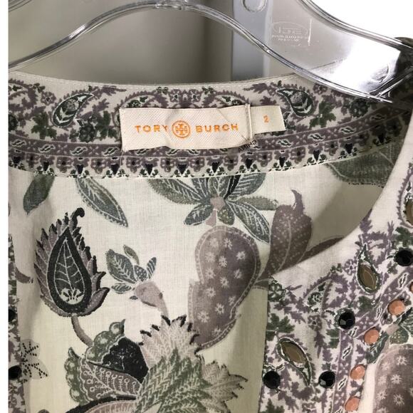 Tory Burch Embellished Botanical Print Tunic Blouse Size‎ 2 Cream Deep V-Neck - Picture 2 of 7